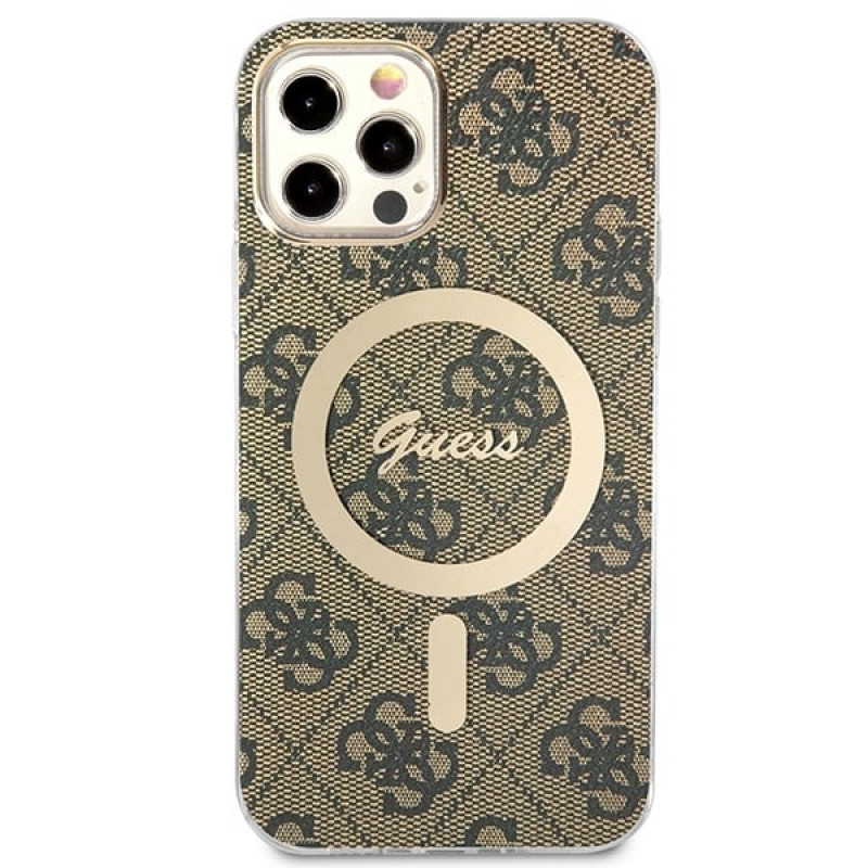 Guess GUBPP12MH4EACSW Kuori + langaton laturi Apple iPhone 12 / iPhone 12 Pro ruskea hardcase, 4G Print, MagSafe