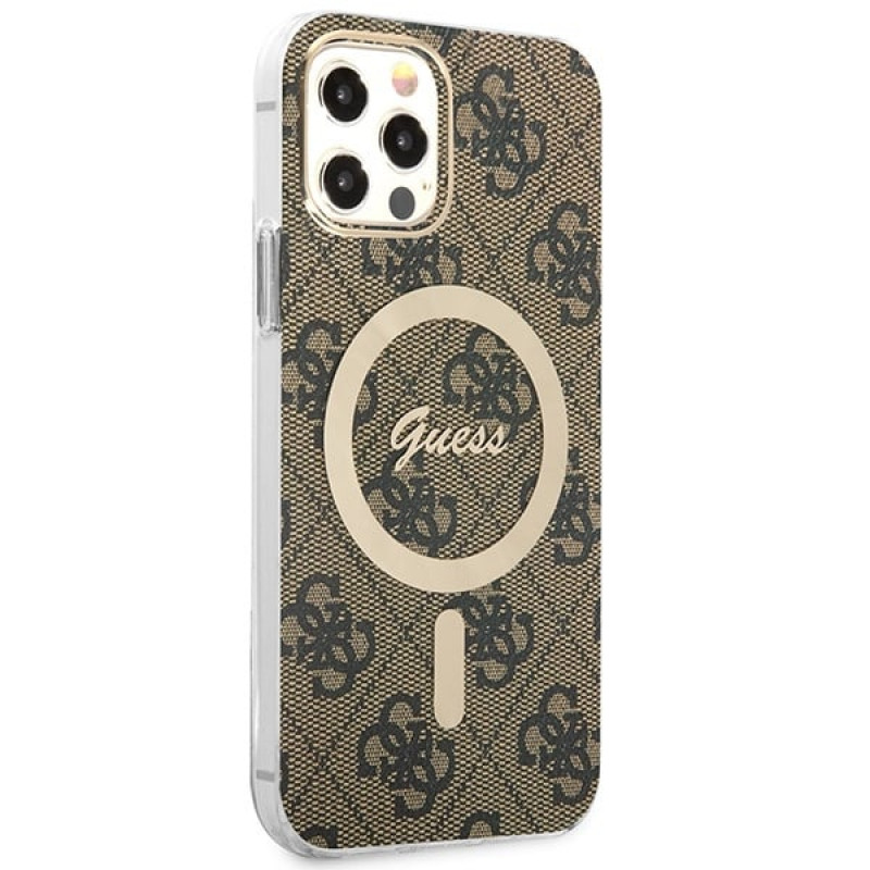 Guess GUBPP12MH4EACSW Kuori + langaton laturi Apple iPhone 12 / iPhone 12 Pro ruskea hardcase, 4G Print, MagSafe