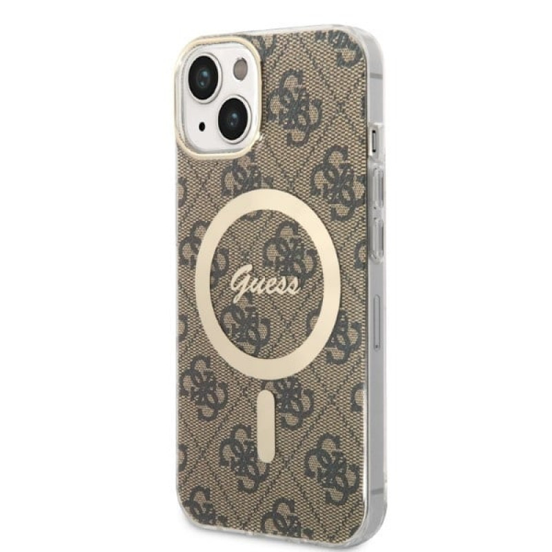 Guess GUBPP14MH4EACSW Kuori + langaton laturi Apple iPhone 14 Plus / iPhone 15 Plus ruskea hardcase, 4G Print, MagSafe
