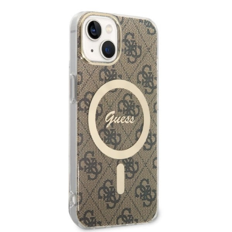 Guess GUBPP14MH4EACSW Kuori + langaton laturi Apple iPhone 14 Plus / iPhone 15 Plus ruskea hardcase, 4G Print, MagSafe
