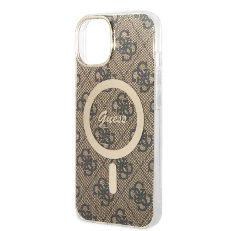 Guess GUBPP14MH4EACSW Kuori + langaton laturi Apple iPhone 14 Plus / iPhone 15 Plus ruskea hardcase, 4G Print, MagSafe
