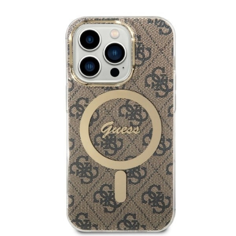 Guess GUBPP14LH4EACSW Kuori + langaton laturi Apple iPhone 14 Pro ruskea hardcase, 4G Print, MagSafe