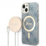 Guess GUBPP14MH4EACSB Kuori + langaton laturi Apple iPhone 14 Plus / iPhone 15 Plus sininen hardcase, 4G Print, MagSafe