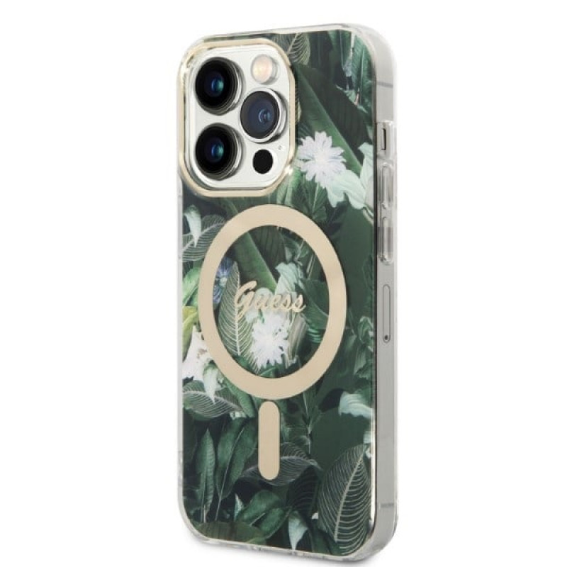 Guess GUBPP14LHJEACSA kuori + langaton laturi Apple iPhone 14 Pro vihreä hardcase, Jungle, MagSafe