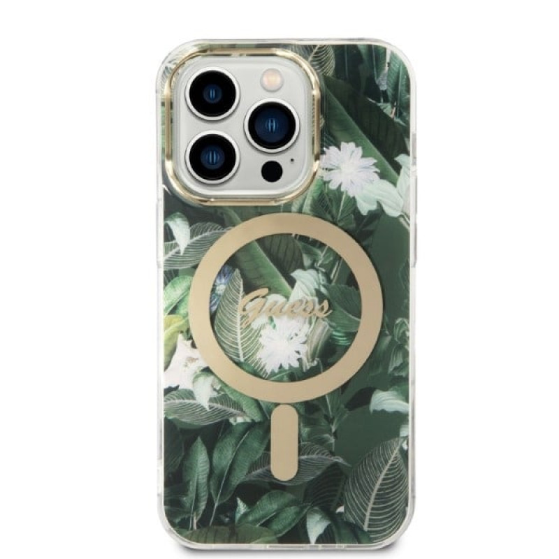 Guess GUBPP14LHJEACSA kuori + langaton laturi Apple iPhone 14 Pro vihreä hardcase, Jungle, MagSafe