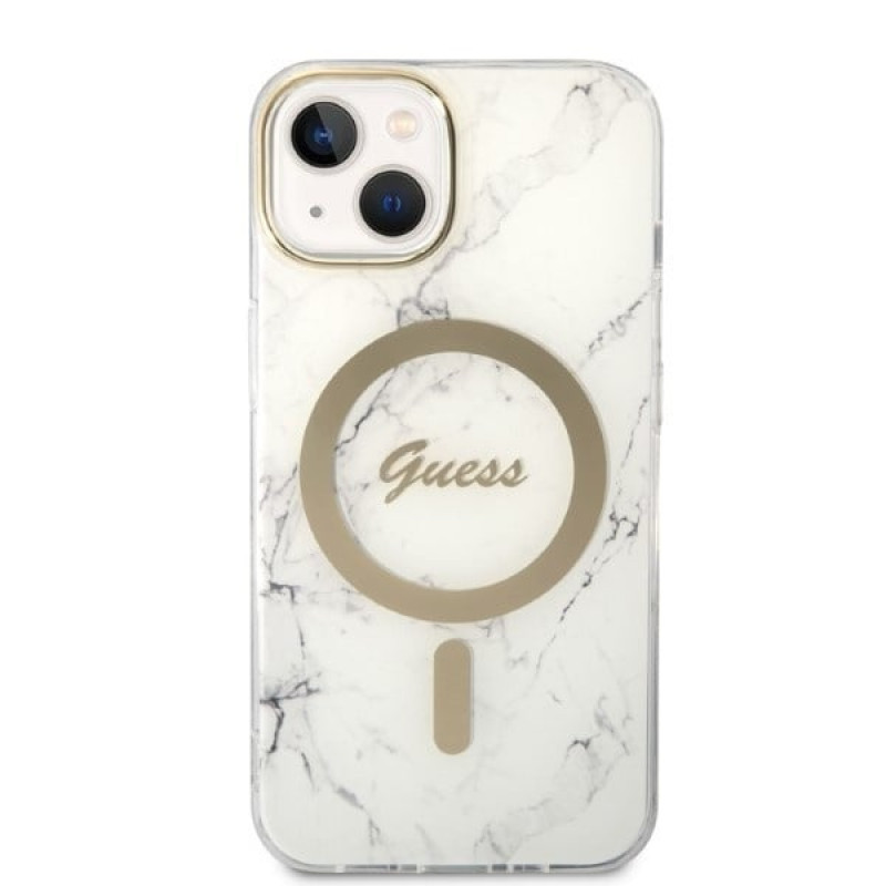 Guess GUBPP14MHMEACSH kuori + langaton laturi Apple iPhone 14 Plus / iPhone 15 Plus, valkoinen, hardcase, Marble, MagSafe