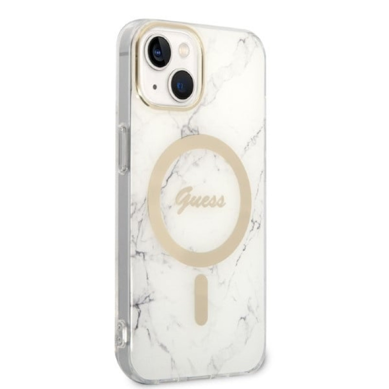 Guess GUBPP14MHMEACSH kuori + langaton laturi Apple iPhone 14 Plus / iPhone 15 Plus, valkoinen, hardcase, Marble, MagSafe
