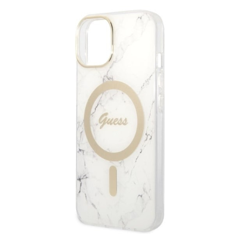 Guess GUBPP14MHMEACSH kuori + langaton laturi Apple iPhone 14 Plus / iPhone 15 Plus, valkoinen, hardcase, Marble, MagSafe