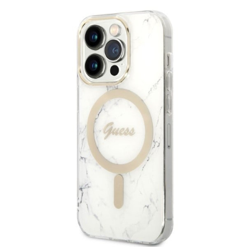 Guess GUBPP14LHMEACSH kuori + langaton laturi Apple iPhone 14 Pro valkoinen hardcase, Marble, MagSafe