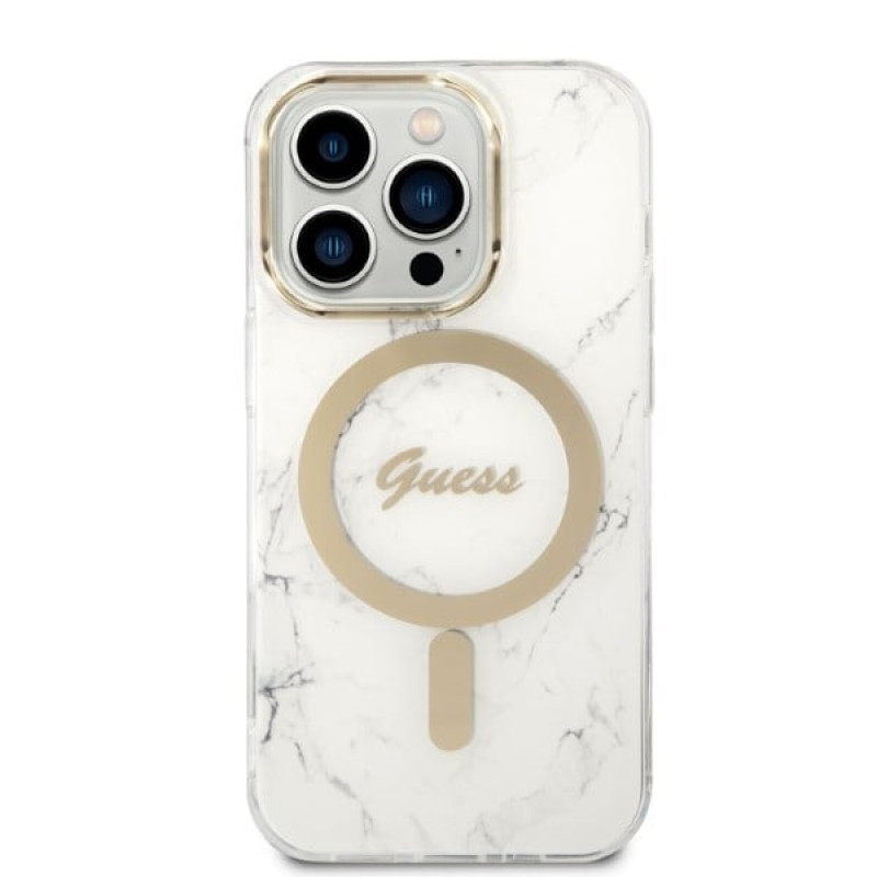 Guess GUBPP14LHMEACSH kuori + langaton laturi Apple iPhone 14 Pro valkoinen hardcase, Marble, MagSafe