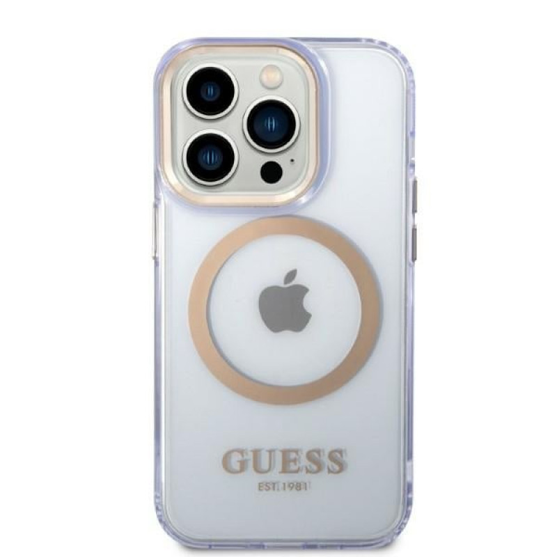 Guess GUHMP14XHTCMU Apple iPhone 14 Pro Max violetti kova kuori, Gold Outline Translucent, MagSafe
