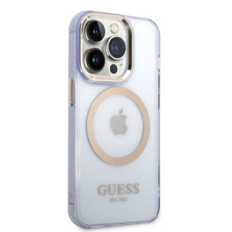 Guess GUHMP14XHTCMU Apple iPhone 14 Pro Max violetti kova kuori, Gold Outline Translucent, MagSafe