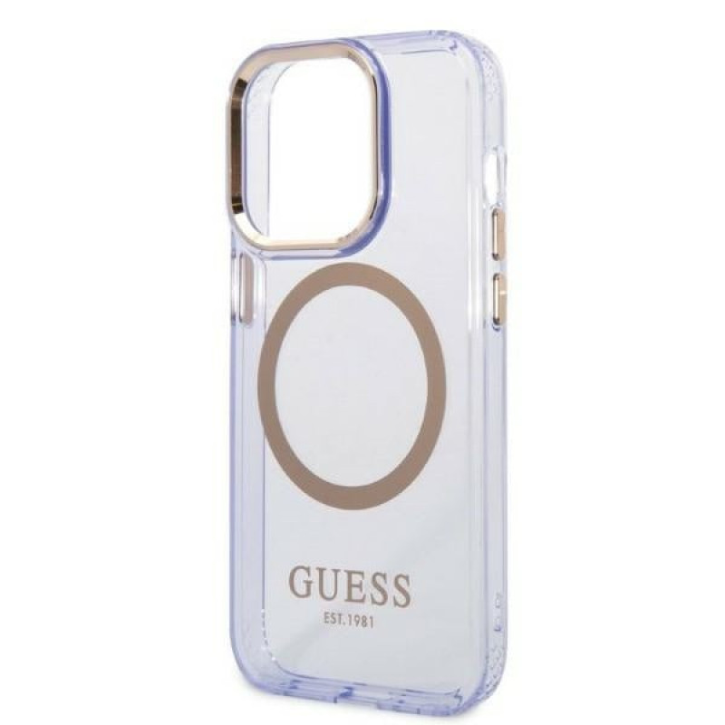 Guess GUHMP14XHTCMU Apple iPhone 14 Pro Max violetti kova kuori, Gold Outline Translucent, MagSafe