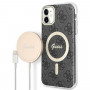 Guess GUBPN61H4EACSK kuori + langaton laturi Apple iPhone 11:lle, 4G Print, musta kova kuori, MagSafe