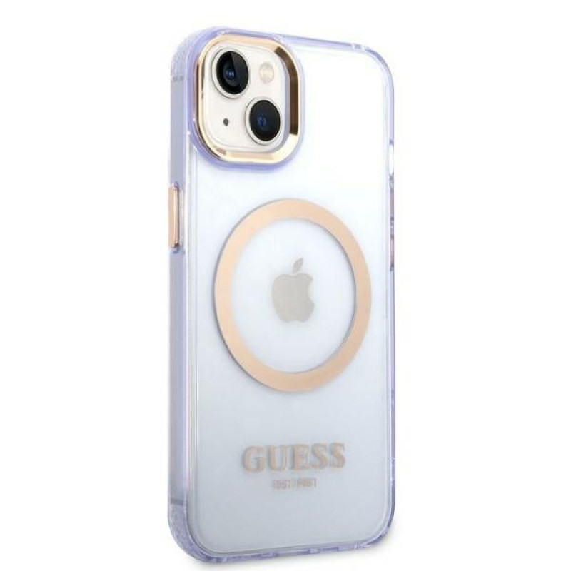 Guess GUHMP14SHTCMU Apple iPhone 14 violetti kova kuori, Gold Outline Translucent, MagSafe