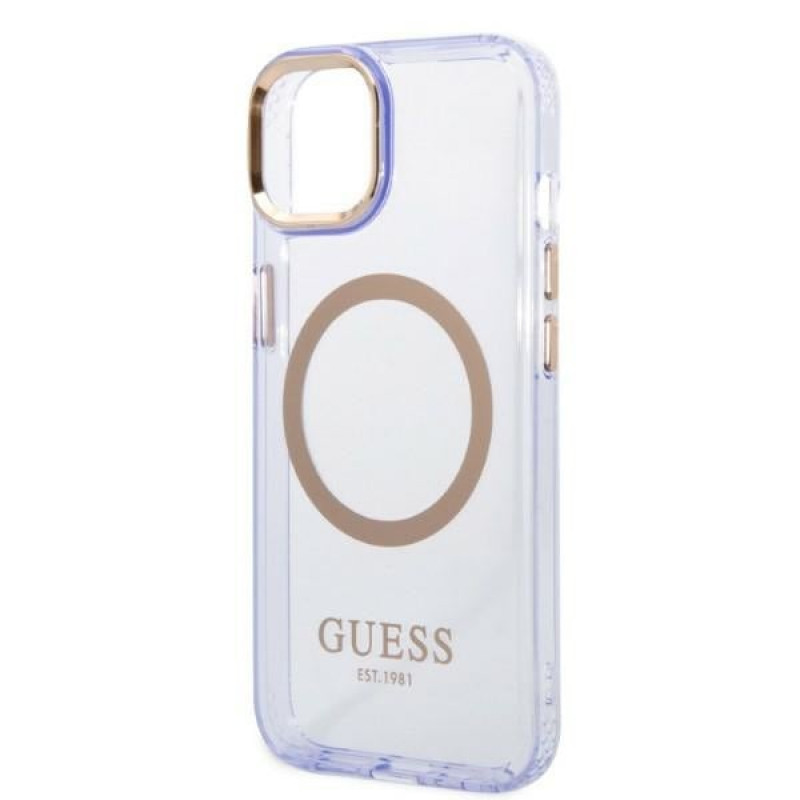 Guess GUHMP14SHTCMU Apple iPhone 14 violetti kova kuori, Gold Outline Translucent, MagSafe
