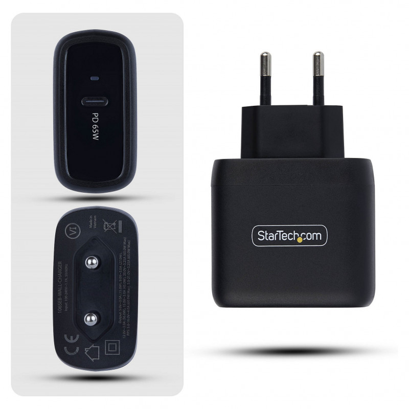 StarTech.com 1065EB-WALL-CHARGER 65 W USB-C GaN -kannettavan tietokoneen laturi, musta