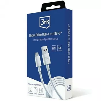 3MK Hyper Cable USB-A - USB-C 5A 60W 1,2 m valkoinen