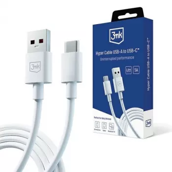 3MK Hyper Cable USB-A - USB-C 5A 60W 1,2 m valkoinen
