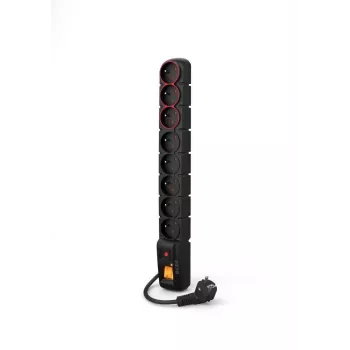 ACAR-S8-DUAL POWER STRIP 8-osainen jatkojohto ylijännitesuojalla, 2 valaistua kytkintä, 1,5 m kaapeli, musta