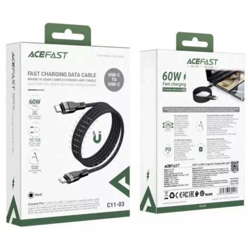 Acefast C11-03 3in1 USB-C - USB-C -kaapeli 100W 480Mbps 1,2 m musta
