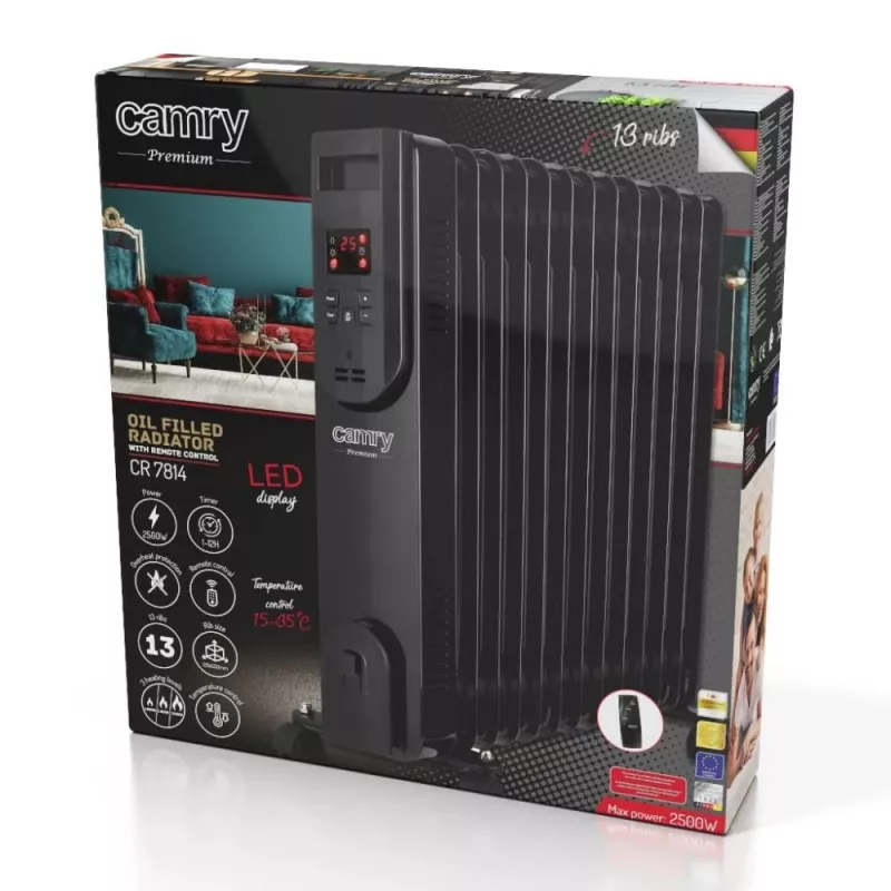 Camry CR 7814 öljytäytteinen lämpöpatteri kaukosäätimellä, 2500 W, 13 rivaa, musta
