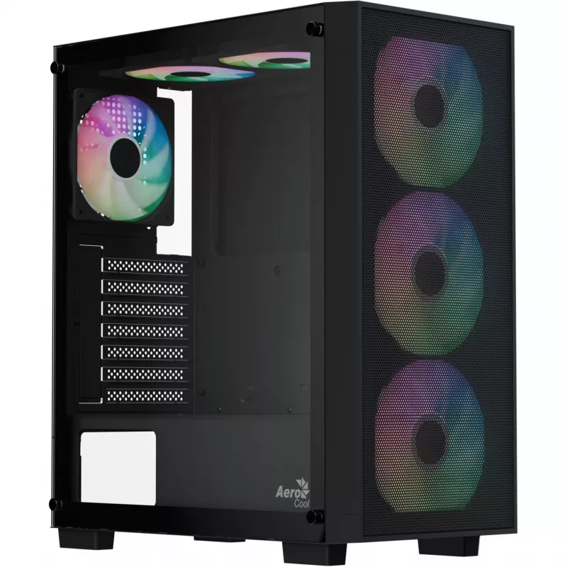 Aerocool B509A Flow-G-BK-v1 Mid Tower -PC-kotelo 650W virtalähteellä, karkaistu lasi, musta