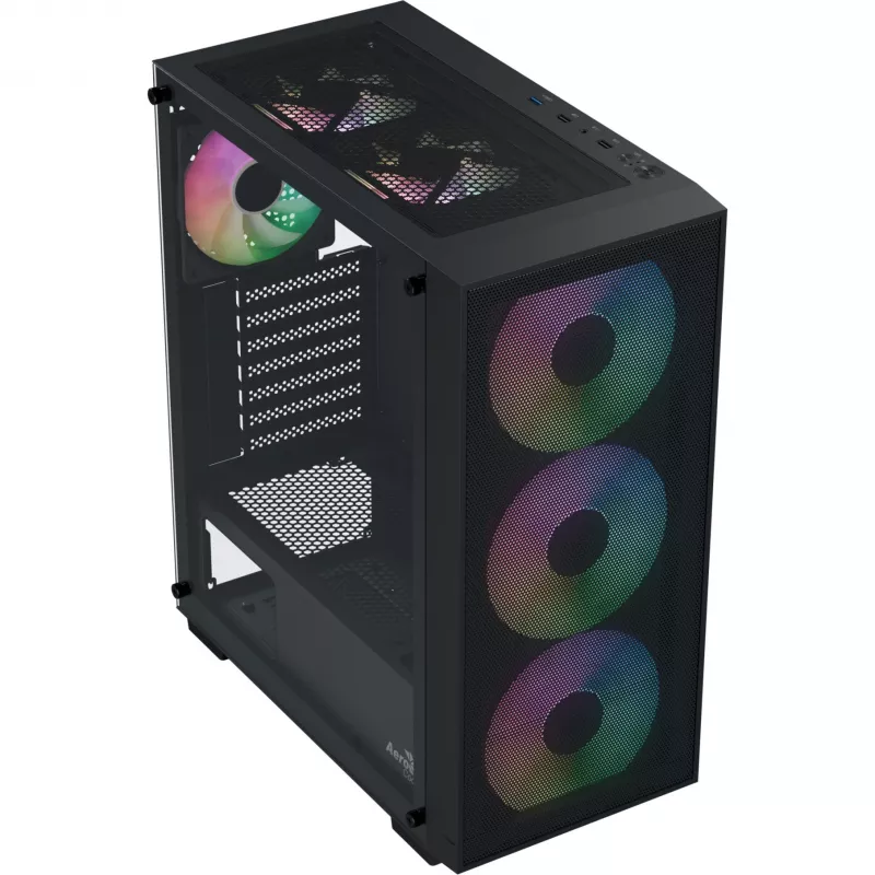 Aerocool B509A Flow-G-BK-v1 Mid Tower -PC-kotelo 650W virtalähteellä, karkaistu lasi, musta