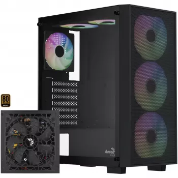 Aerocool B509A Flow-G-BK-v1 Mid Tower -PC-kotelo 650W virtalähteellä, karkaistu lasi, musta