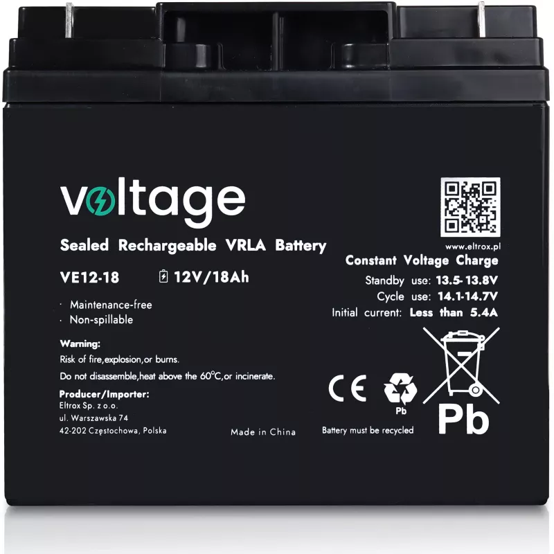 AGM-akku Voltage 12V 18Ah VE12-18 (käyttöikä 6-9 vuotta)