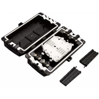ALANTEC FOM-48K-P läpivientiliitin kuitujatkoksille, 48 jatkosta, täydellinen jatkosalustojen, jatkosuojaholkkien, lämpökutistuvien kaapelitiivisteholkkien ja kiinnitystarvikkeiden kanssa