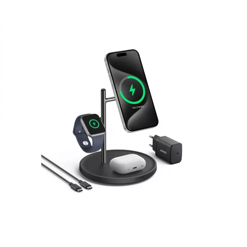 Anker MagGo B25M3312 3-in-1 Qi2-latausasema, 15 W älypuhelimelle, musta