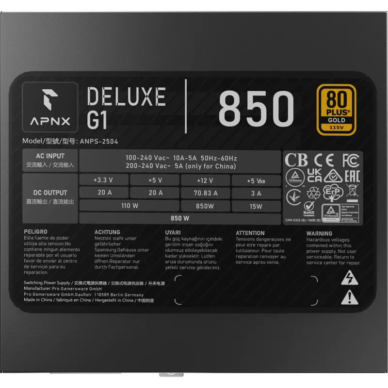 APNX DELUXE G1 850 850W 80 PLUS Gold täysin modulaarinen ATX-virtalähde musta