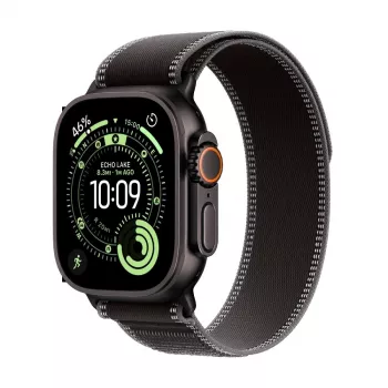 Apple Watch Ultra 3 GPS + Cellular 49 mm musta titaanikuori ja musta/hiilenharmaa Trail Loop - Large (malli A3281, MF1H4QR/A)