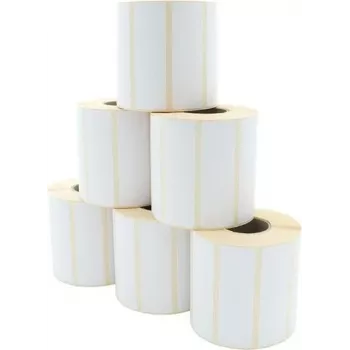ARTDEV lämpösiirtotarra rulla 90 x 29 mm, 96 mm ulkohalkaisija, 40 mm ydin, 1300 tarraa per rulla, valkoinen paperi, pysyvästi kiinnittyvä