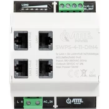ATTE SWPS-4-11-DIN4 Industrial 4-porttinen PoE+-kytkin integroidulla virtalähteellä, DIN-kiskokiinnitys, 60W budjetti