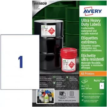 Avery Zweckform B4775-50 A4 valkoiset polyetyleenikalvotarrat, pysyvä liima, laser/kopiokone, 50 tarraa, 210 x 297 mm
