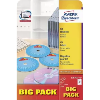 Avery Zweckform L7676A-40P CD/DVD-tarrat, Ø 117 mm, valkoinen, 40 arkkia / 80 tarraa, A4, Inkjet & Laser