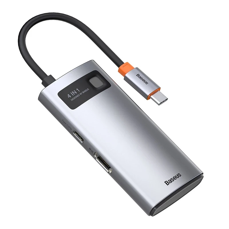 Baseus Metal Gleam Series 4-in-1 USB-C -keskitin, USB 3.0 + USB 2.0 + HDMI + USB-C PD, hopea