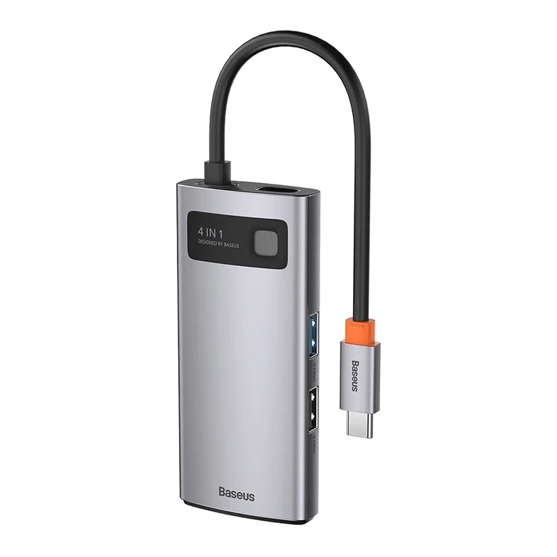 Baseus Metal Gleam Series 4-in-1 USB-C -keskitin, USB 3.0 + USB 2.0 + HDMI + USB-C PD, hopea