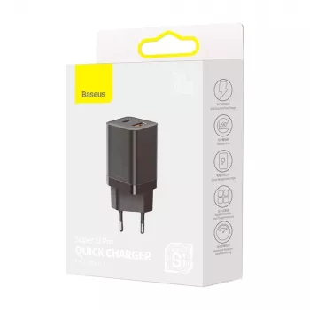 Baseus Super Si Pro Mini -pikalaturi 30W, USB-C + USB-A, PD 3.0, QC 3.0, EU-pistoke, musta (CCSUPP-E01)