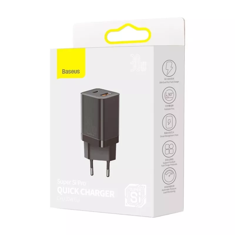 Baseus Super Si Pro Mini -pikalaturi 30W, USB-C + USB-A, PD 3.0, QC 3.0, EU-pistoke, musta (CCSUPP-E01)
