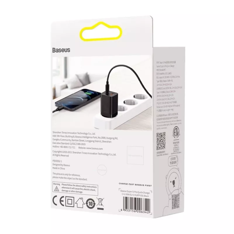 Baseus Super Si Pro Mini -pikalaturi 30W, USB-C + USB-A, PD 3.0, QC 3.0, EU-pistoke, musta (CCSUPP-E01)