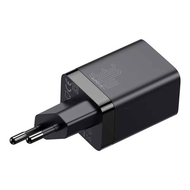 Baseus Super Si Pro Mini -pikalaturi 30W, USB-C + USB-A, PD 3.0, QC 3.0, EU-pistoke, musta (CCSUPP-E01)