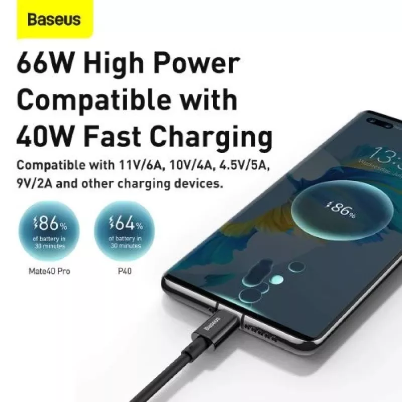 Baseus Superior Series USB-A - USB-C pika- ja datakaapeli, 66W (11V/6A), 2m, musta (CATYS-A01)