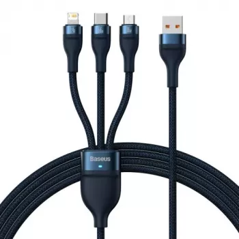 Baseus yleiskaapeli Flash Series II 3-in-1 pikalataus datakaapeli (USB-A - Micro + Lightning + Type-C) 66W, 480mbps, 1,2m, sininen (CASS040003)