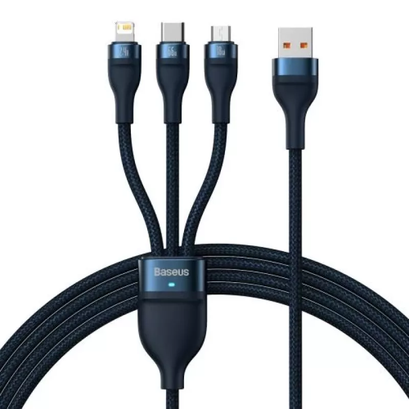 Baseus yleiskaapeli Flash Series II 3-in-1 pikalataus datakaapeli (USB-A - Micro + Lightning + Type-C) 66W, 480mbps, 1,2m, sininen (CASS040003)