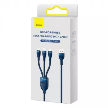 Baseus yleiskaapeli Flash Series II 3-in-1 pikalataus datakaapeli (USB-A - Micro + Lightning + Type-C) 66W, 480mbps, 1,2m, sininen (CASS040003)