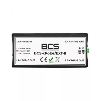 BCS-xPoE4/EXT-II 4-porttinen PoE+-kytkin 1 uplink-portilla, 60W budjetti, Extend-tila jopa 250m