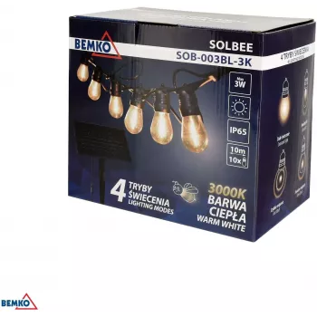 BEMKO SOLBEE aurinkokäyttöinen LED-puutarhavaloketju 10 LEDs 10m lämmin valkoinen 3000K IP65 musta